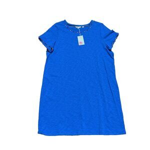 Boden Charlie Pompom T Shirt Dress Blue Cotton Shift Rainbow Trim Womens 20/22